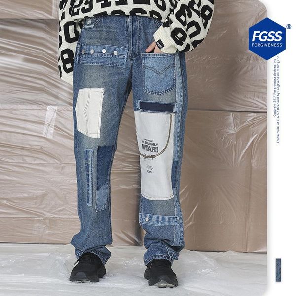 

men's jeans 2021 spring and autumn stitching patch destruction straight loose, Blue
