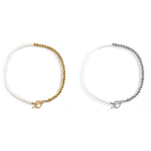 

chokers fashion baroque pearl chain necklace women punk toggle clasp circle lariat bead choker necklaces jewelry, Golden;silver