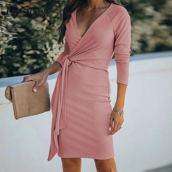 

casual dresses women fashion long sleeve autumn solid knee dress bandage belt v neck slim party elegant office lady ribbed vestidos, Black;gray