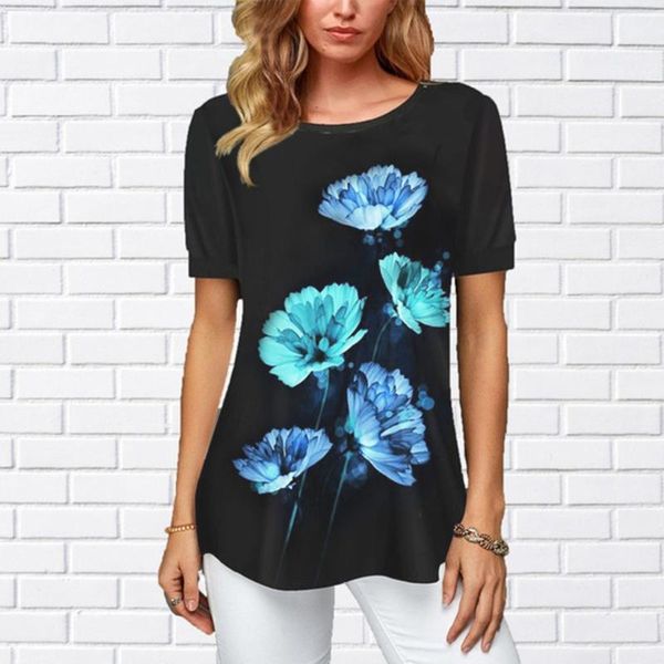 

women's blouses & shirts 2021 women round neck lily print 3d loose flowy short sleeve shirt ladies summer ventilated g3, White