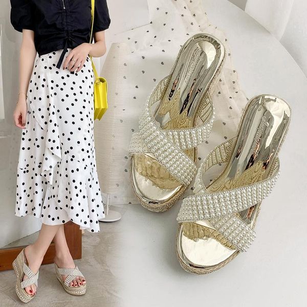 

sandals wedges high heel platform muffin women thick bottom pearl shoes, Black