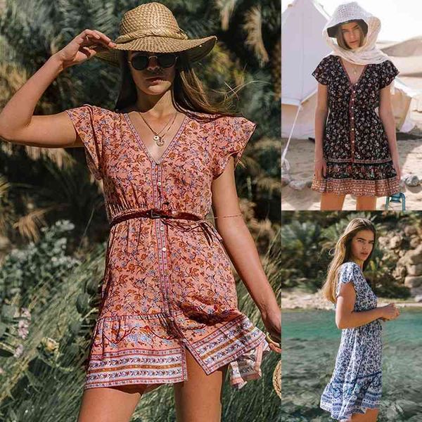 

2021spring / summer 2020 new beach skirt printed single breasted v-neck short sleeve bohemian women's dress, Black;gray