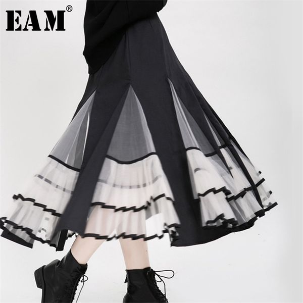 

[eam] high waist black organza split pleated temperament half-body skirt women fashion tide new spring autumn 19a-a180 210315