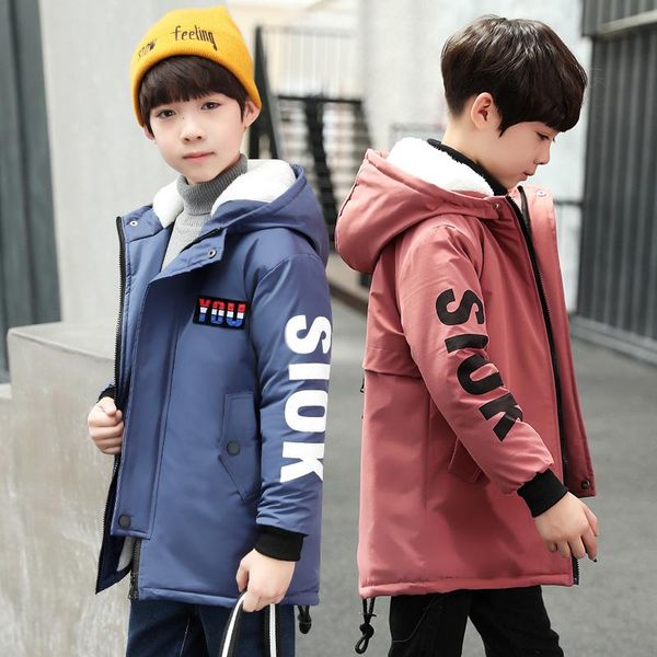 

coat 2021 autumn and winter children's clothing boys korean version of the velvet sleeve letters windbreaker large pad, Blue;gray
