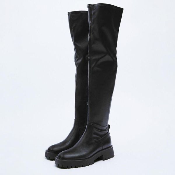 

boots womans 2022 over the knee elasticity flat bottomed long high barrel elastic thick platform autumn winter, Black