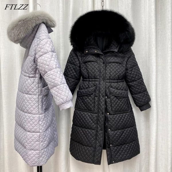 

women's down & parkas ftlzz winter large natural fur collar hooded feather jacket women windbreak sleeve warm coat high waist plaid lon, Black
