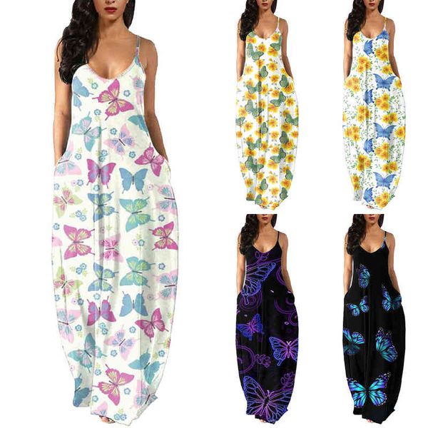 

casual dresses 2022 summer large women's v-neck pocket strap print, Black;gray
