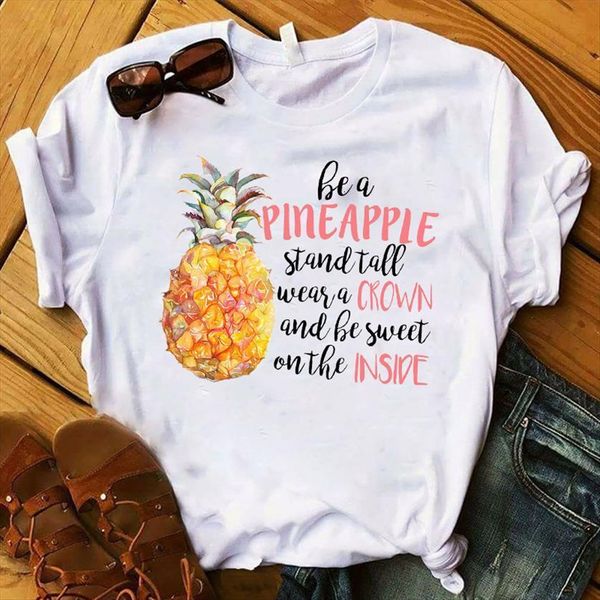 

pinapple printed short sleeve women t shirts loose tee clothes graphic, White