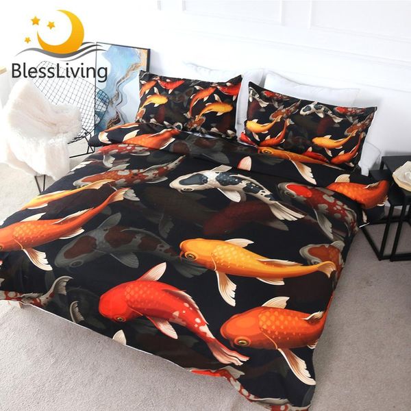 BlessLiving Koi Carps Yatak Seti Kraliçe Kırmızı Altın Şanslı Balık Nevresim Seti Renkli Yorgan Kapak 3 adet Uğurlu Bedclothes 210309