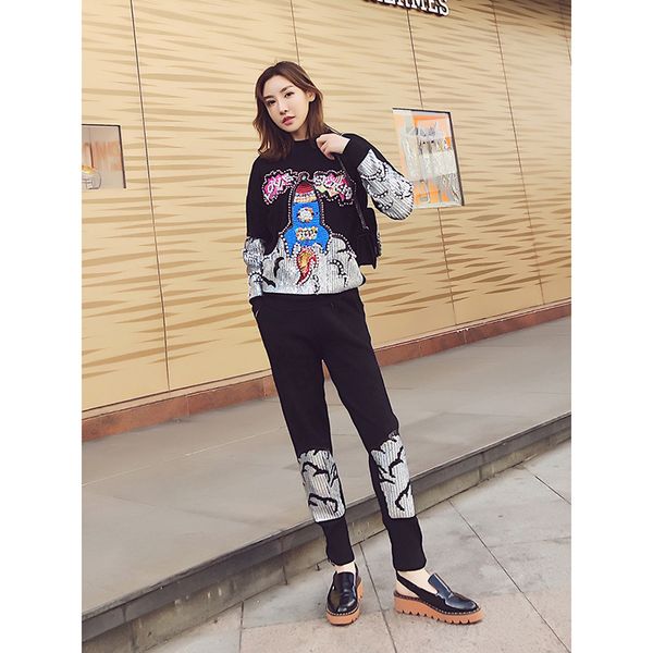 

spring autumn fashion black gray knitted tracksuit women sequins beading sweater long pants 2pc female loose casual knit set w72c, Blue