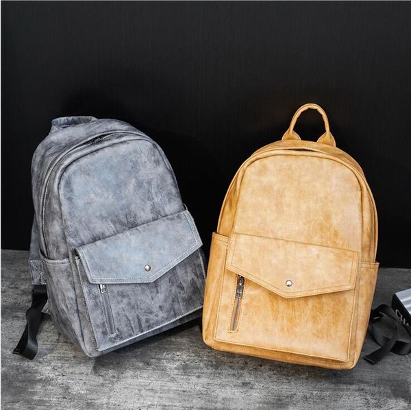 

factory wholesale men brand shoulder bag retro leather large backpack street trend solid color student backpacks outdoor pocket leisure comp