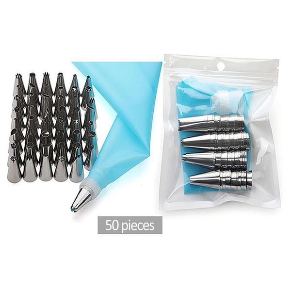 

baking & pastry tools 8/14/26/50pcs silicone icing piping cream bag + stainless steel cake nozzle diy decorating tips fondant