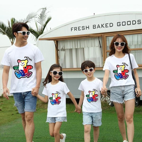 

family matching outfits cotton cartoon tshirts mommy and me clothes parent-child shortsleeve t-shirt look boys grils father mother, Blue