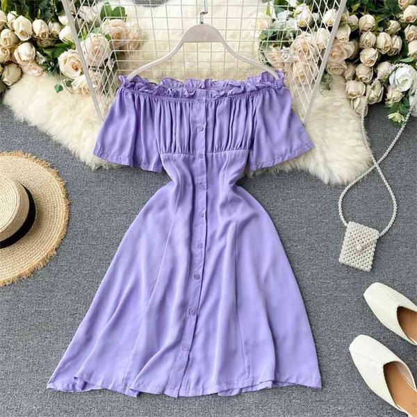 

women summer chic sweet wooden ear slash neck short sleeve pleated high waist solid color vestidos dress m767 210527, Black;gray
