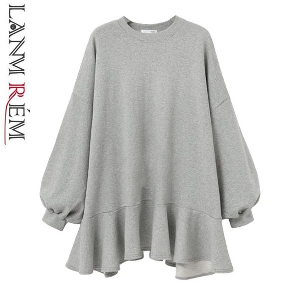

casual dresses fashion tide spring round neck flare long sleeve black grey loose reffles big size mini dress women jd957, Black;gray