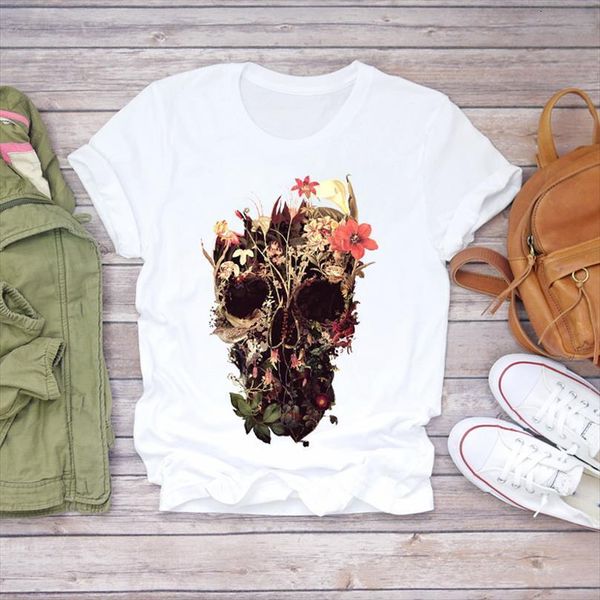 

men skull floral plant print mens 90s short sleeve printed lady shirts ladies graphic female tee, White;black