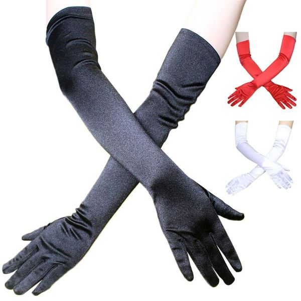 

five fingers gloves women' evening party formal solid color satin long finger mittens forevents activities red white rose costume, Blue;gray