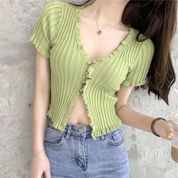 

women ruffle trim crop knit t shirt with short sleeve deep v neck crop knit, White