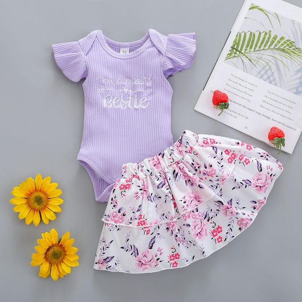 

clothing sets 2pcs for babies girls ruffle letter ribbed rompers+floral short skirt outfits born infant baby girl clothes, White