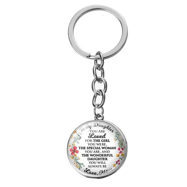 

to my daughter keychain a letter from loved mom & dad quote key chain glass round handmade family gift for girl child, Silver