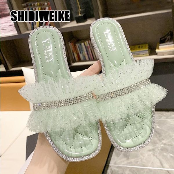 

slippers flat 2021 woman summer shoes fashion lace mesh beige green ladies female vc057, Black