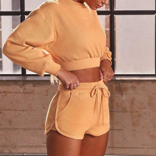 

2021 new women knitted lounge wear sets 2 pcs crop suit tracksuit set shorts pants casual streetwear clubwear p7fp, Gray