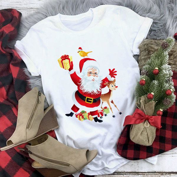 

cute print neck christmas women's bottoming shirt t-shirt women, White