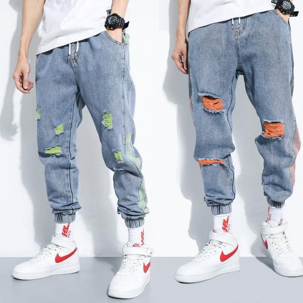 

men's pants 2021 autumn casual loose hole jeans girdle feet increase hong kong style harlan casas brand wear 5x, Black