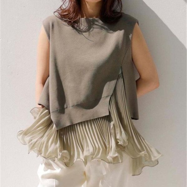 

women's vests [ewq] 2021 casual slim fit knitted japan style vest women fashion ruffles two piece o-neck sleeve tank summer, Black;white