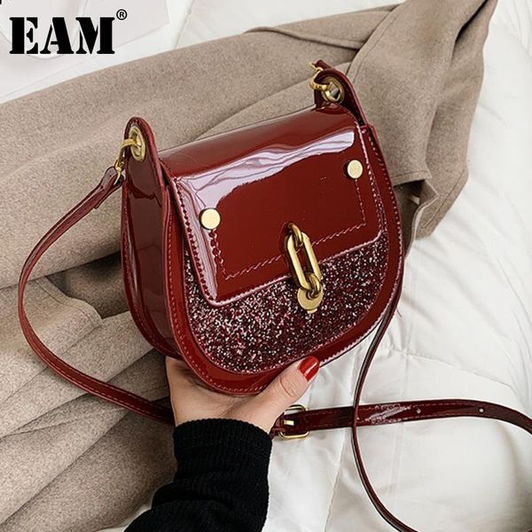 

[eam] women new saddle sequined patent leather flap personality all-match crossbody shoulder bag fashion tide 2021 18a1331