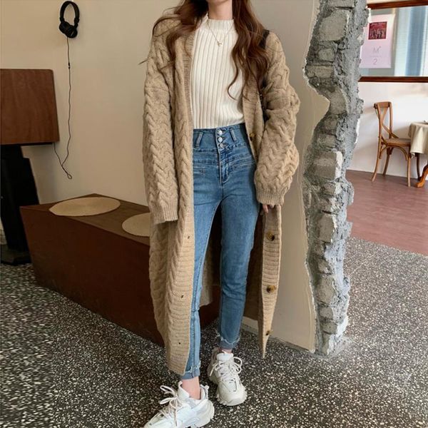 

women's knits & tees mid-length sweater women loose outer wear autumn 2021 korean style lazy jacket knitted cardigan winter clothes fem, White