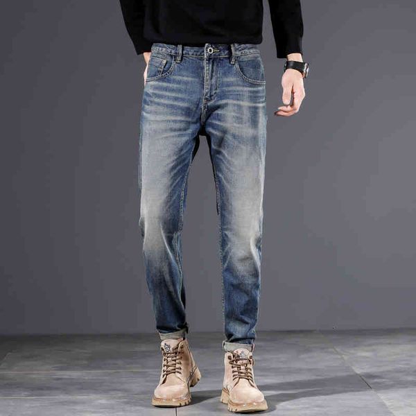 

2021 autumn nostalgic jeans men's fashion brand slim fit small foot korean, Blue
