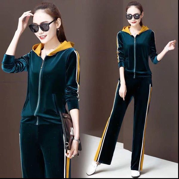 

two piece set velour tracksuit women tracksuits autumn clothes hooded side striped jacket coat and wide leg pants casual sports, Gray