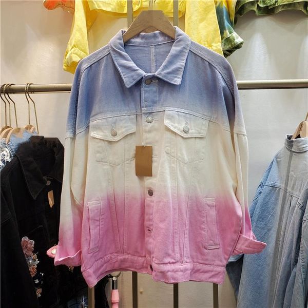

women's jackets streetwear women fashion loose tie-dye denim outerwear spring autumn lapel long sleeve jeans jacket female casual chaqu, Black;brown