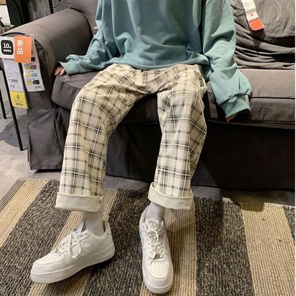 

women's pants & capris women casual plaid loose plus velvet wide leg trousers female korean elastic waist streetwear students, Black;white