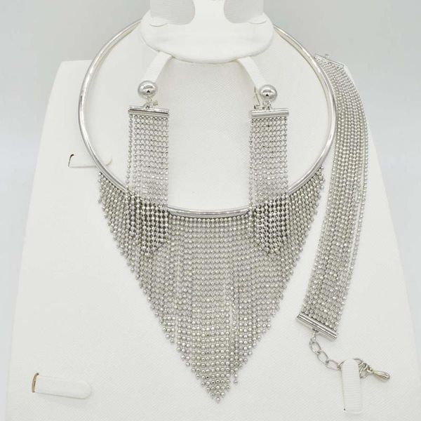 

earrings & necklace 2021 fashion dubai whtie gold color jewelry sets elegant line crystal costume nigerian african beads design, Silver