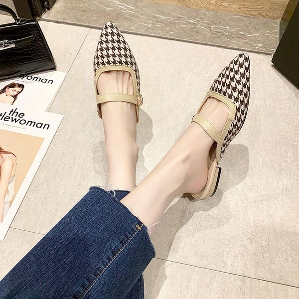 

slippers mules shoes retro women's checkered thick heel pointed toe brand women outdoor fashion flip flop zapatos de mujer, Black