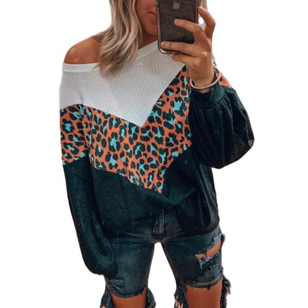 

women's t-shirt women color block splicing knitwear round neck long sleeve leopard hollow out loose knitted jumpers lady, White