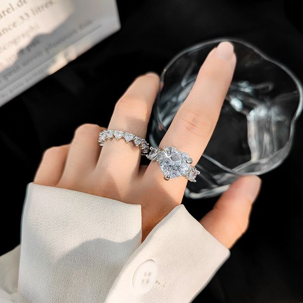 

ins fashion same style peach heart index finger ring microset heartshaped love row zircon stacked belt super flash ring, Golden;silver