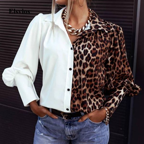 

women's blouses & shirts elegant turn-down collar office lady shirt spring autumn patchwork leopard blouse casual button long sleeve wo, White