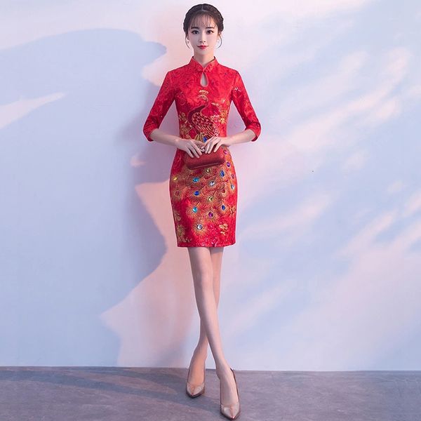 

female exquisite sequins trim qipao elegant out slim short cheongsam red chinese formal party dress a3we, Blue;red