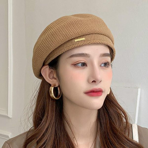 

autumn and winter knitted solid color woman lady's beret korean fashion warm outdoor windproof hat cycling hat, Black