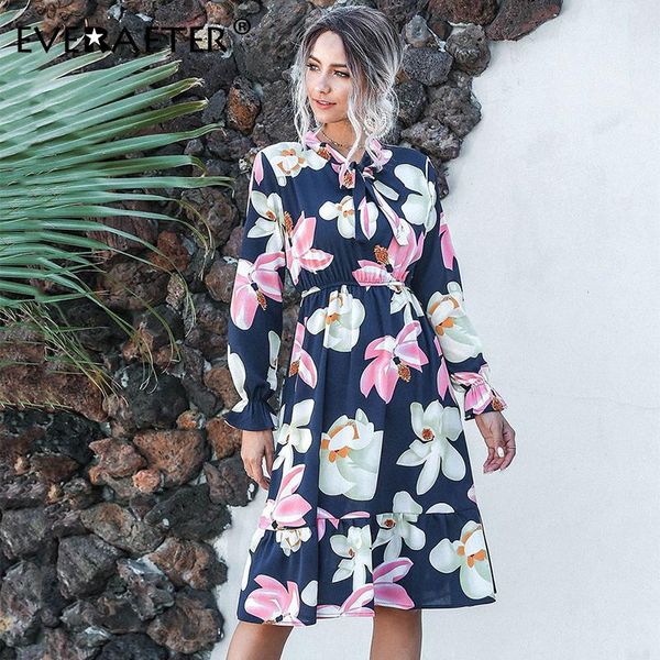 

casual dresses everafter floral print spring dress women streetwear ruffles long sleeve high waist bow a-line chiffon holiday boho midi, Black;gray