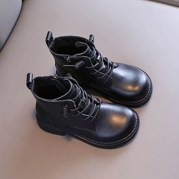 

kids boots autumn winter girls cowhide students moccasins soft leather childrens shoes ankle boot b7470, Black;grey