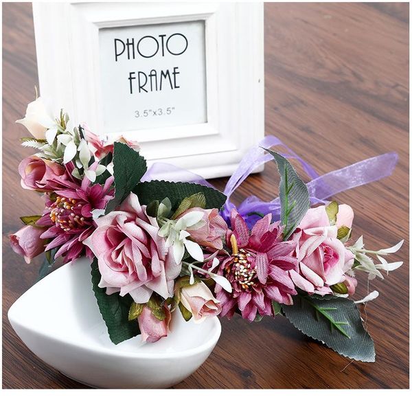 

haimeikang new arrival boho women rose flower crown headband beach headwear floral ribbon hair bands wreath hair acc qyljze, Silver