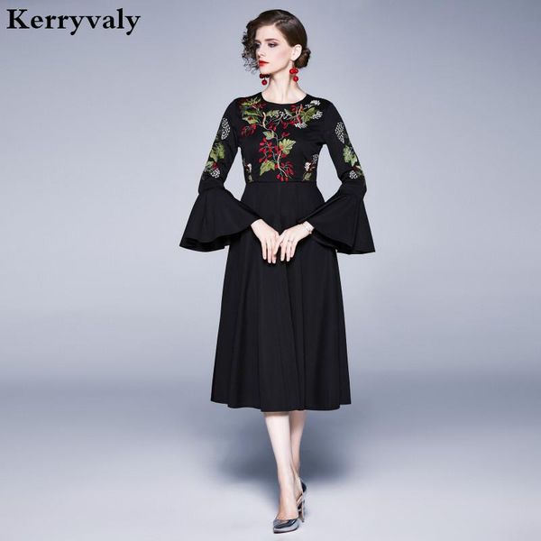

casual dresses autumn women floral embroider black party dress robe femme t 2021 large horn sleeves woman night k9161, Black;gray