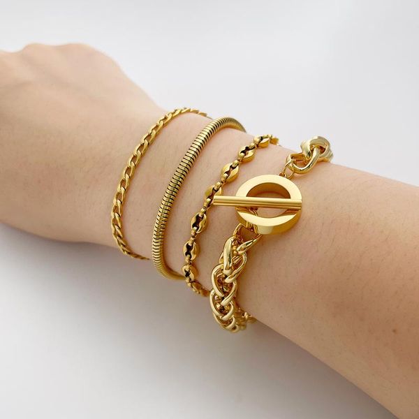 

link, chain monlansher unique titanium steel bracelet thick coffee beans layered bracelets vintage minimalist jewelry, Black