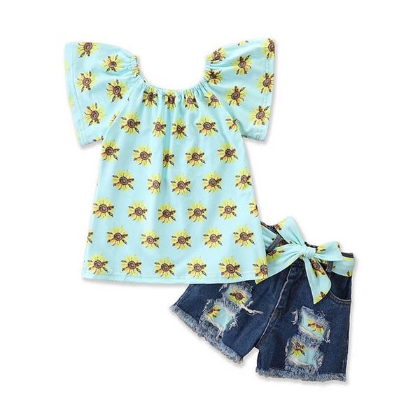 

kids clothing sets girls outfits baby clothes child suit children wear summer short-sleeved fashion blouses denim shorts jeans 2pcs b6869, White