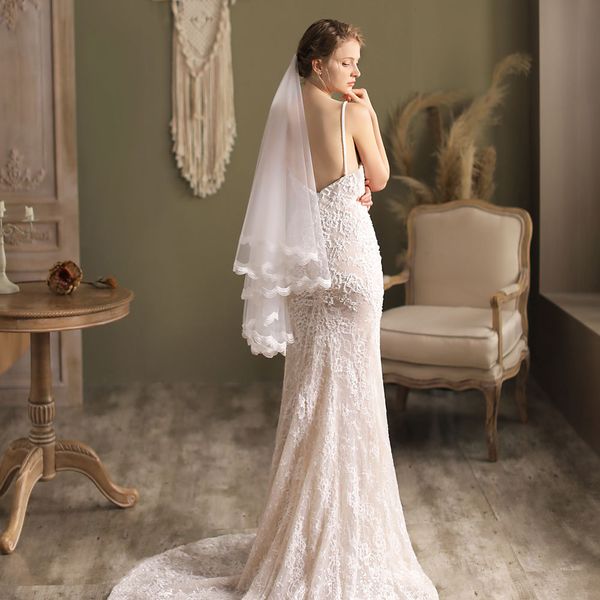 

v818 elegant bridal veil 2-layer soft tulle lace edge wedding white headdress with hair comb for bride 70cm/90cm*150cm, Black