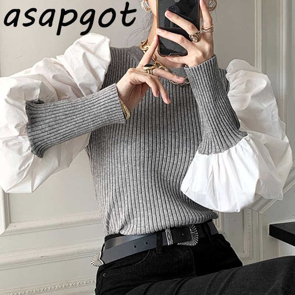 

o neck pleated patchwork lantern sleeve knitted sweater fake two piece pullovers chic korean fashion casual pull jumpers 210610, White